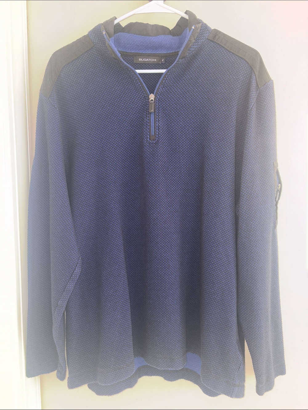 Bugatchi Men's Textured Performance Qtr Zip Pullover Sweater Navy/Black Sz XL